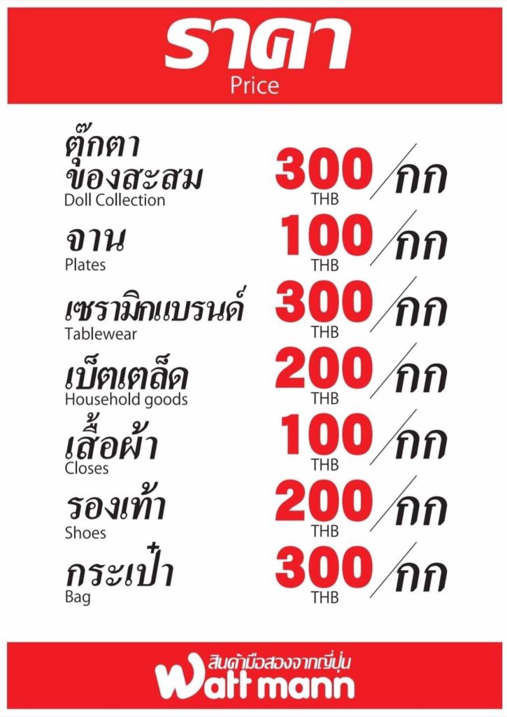 プレックサー店は量り売りで、人形1キロ300バーツ、お皿1キロ100バーツ、セラミック1キロ300バーツ、衣類1キロ100バーツ、靴1キロ200バーツ、カバン1キロ300バーツ